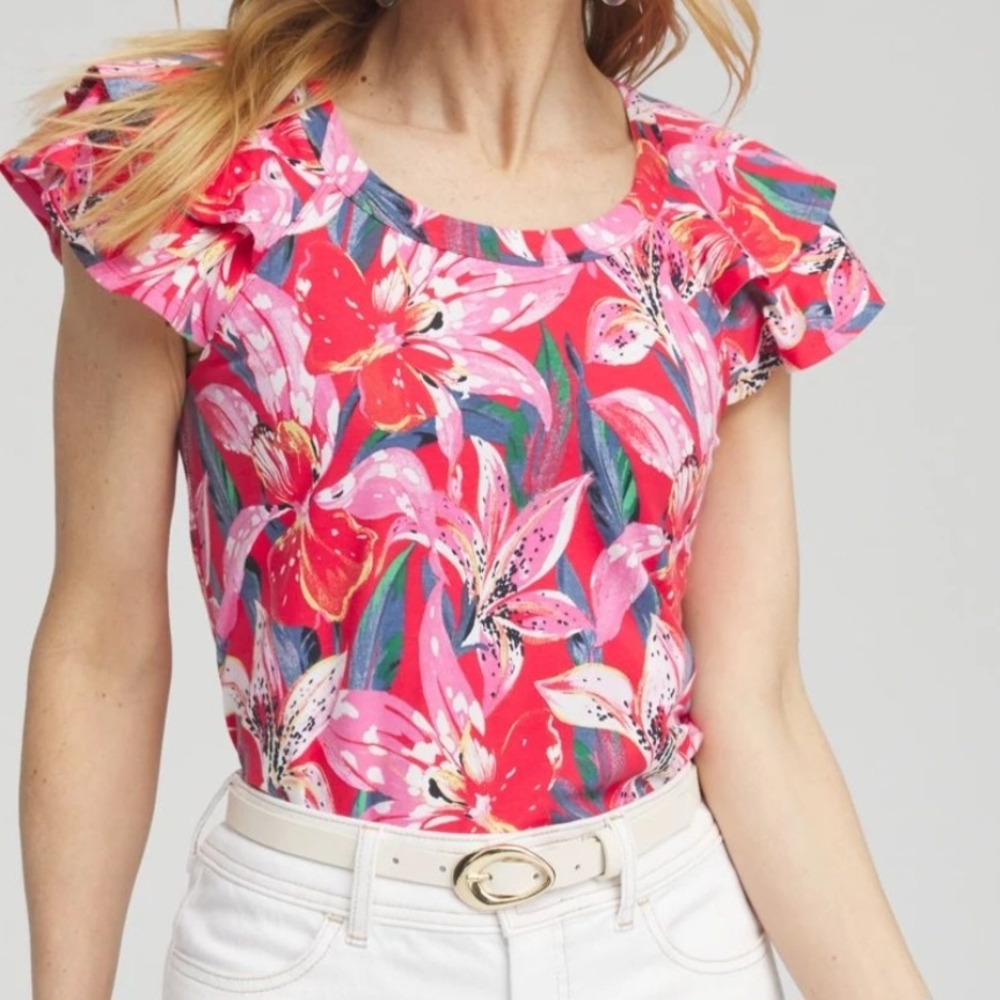 Chico's Floral Pink Ruffle Sleeve Top